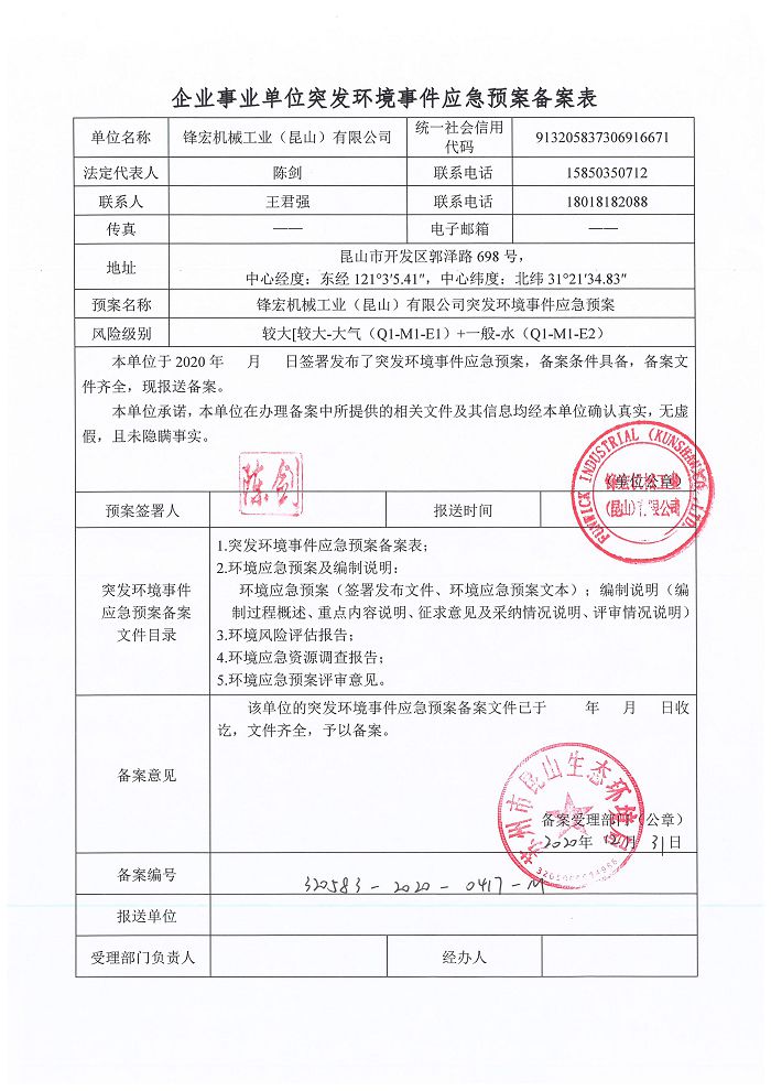 环保应急预案备案资料