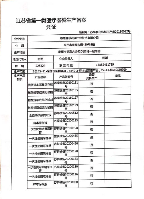 泰州医疗一类备案文件